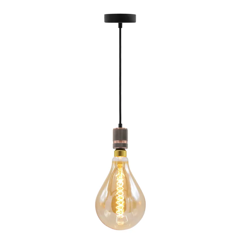 Gecertificeerd Industriële rosé gouden snoerpendel incl. 8,5W tot 10W XXL lamp, amber glas, 2000K, Ø160