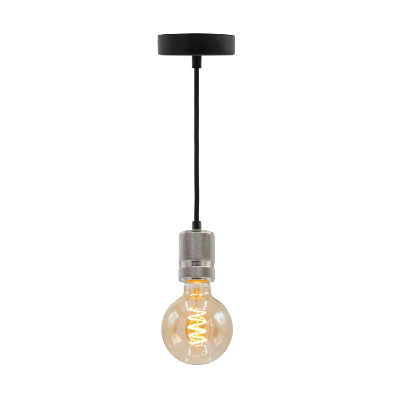 Industriële zilveren snoerpendel incl. 5W lamp, amber glas, 1800K, Ø95 Op = Op