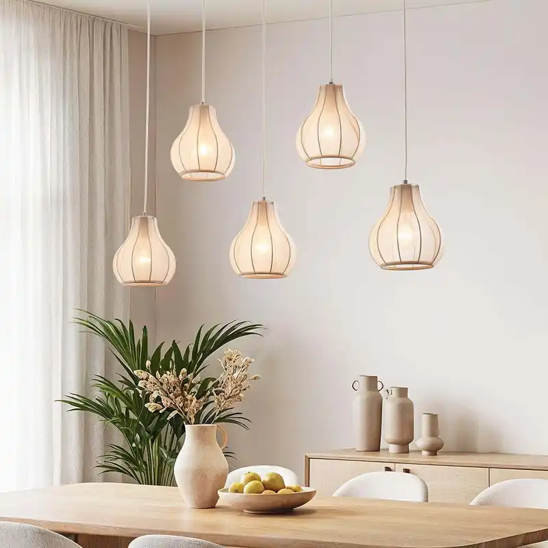 Japandi hanglamp Senji– 5-lichts zandtaupe met linnen kappen Populair