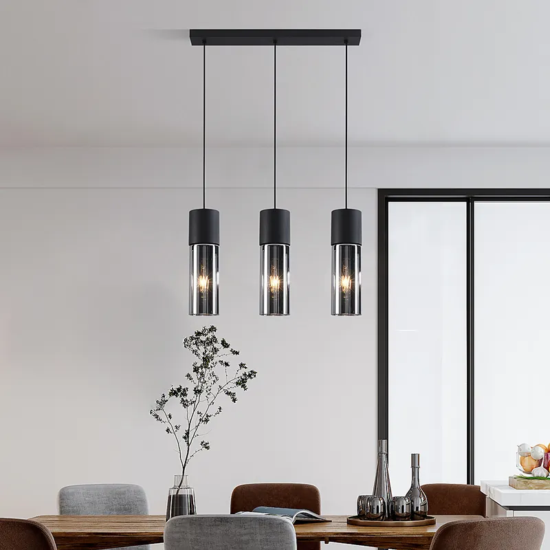Zwarte hanglamp met 3-lichts en smoke glas - Esila Voordeelprijs