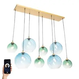 Budget Smart hanglamp messing met blauw en groen glas 8-lichts incl. 8 Wifi G95 - Sandra | QAZQA