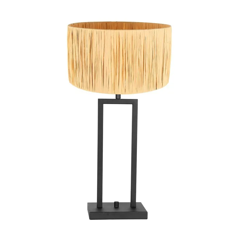 Zwarte tafellamp Stang 3704ZW met draai schakelaar en naturel gras kap Nieuwe Collectie